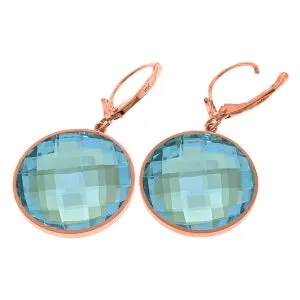 14K Solid Rose Gold Leverback Earrings Round Blue Topaz Gemstone