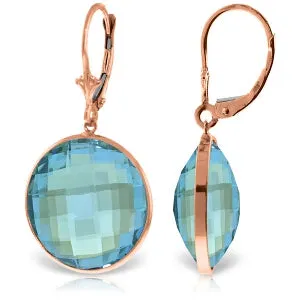 14K Solid Rose Gold Leverback Earrings Round Blue Topaz Gemstone