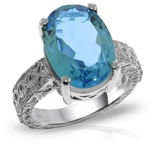 14K Solid White Gold Ring w/ Natural Oval Blue Topaz