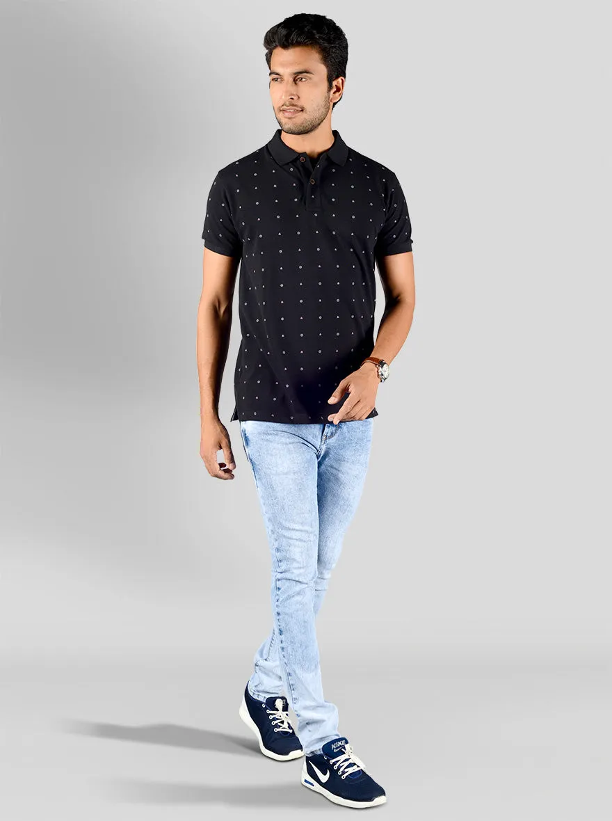 Black Printed Slim Fit Polo T-shirt | Greenfibre