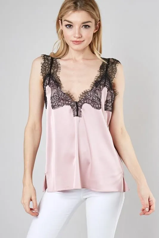 Delicate Lace Satin Cami: Blush