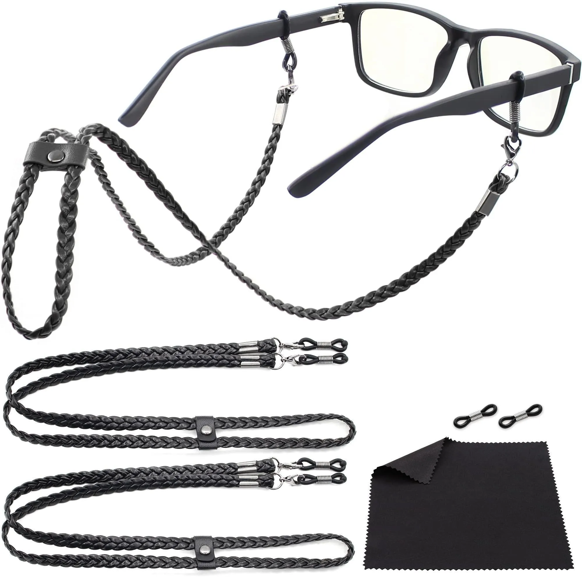 Eye Glass String Strap Holder Premium ECO Leather 2 Cords Black 30 inch Length