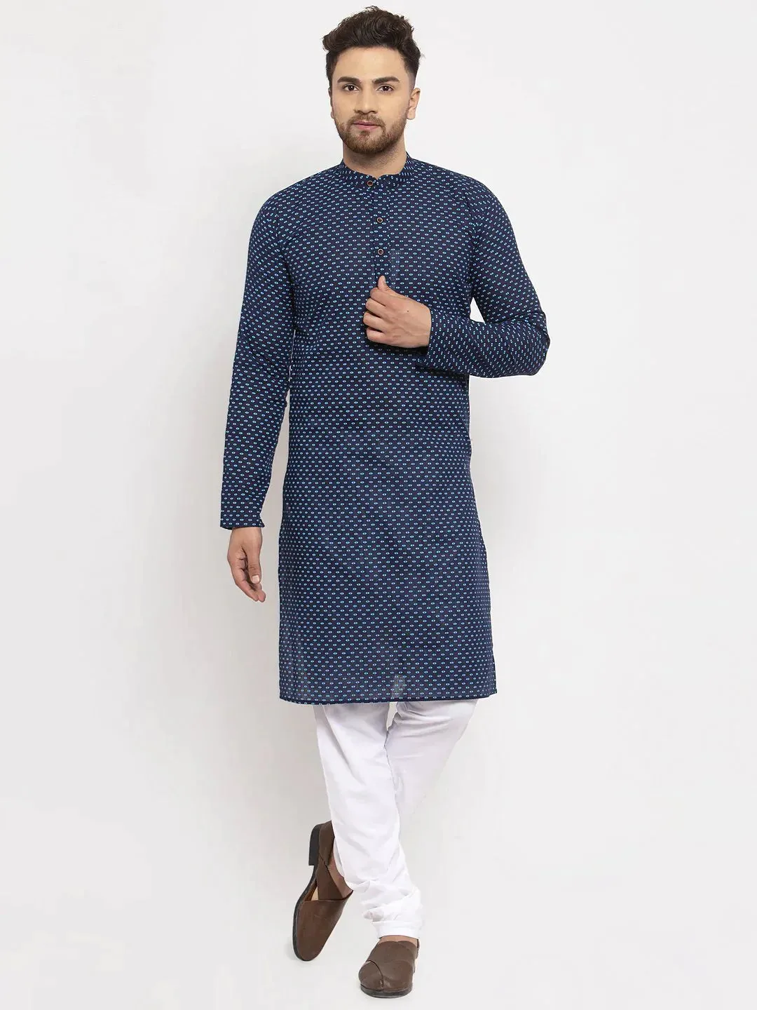 Men Blue Cotton Printed Kurta Only