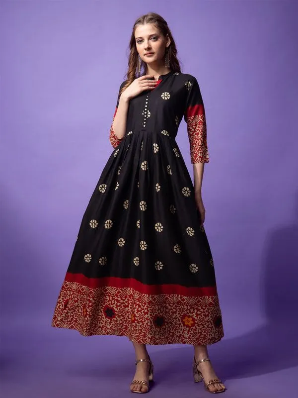 Printed Anarkali Kurta for Women (Size-40) (Color-BLACK)