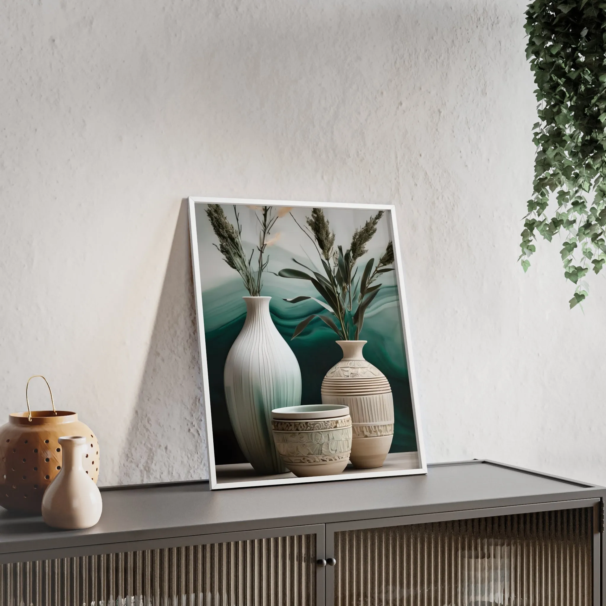 Sage Bowls Poster with Wooden Frame Curated By Artisan & Blooms