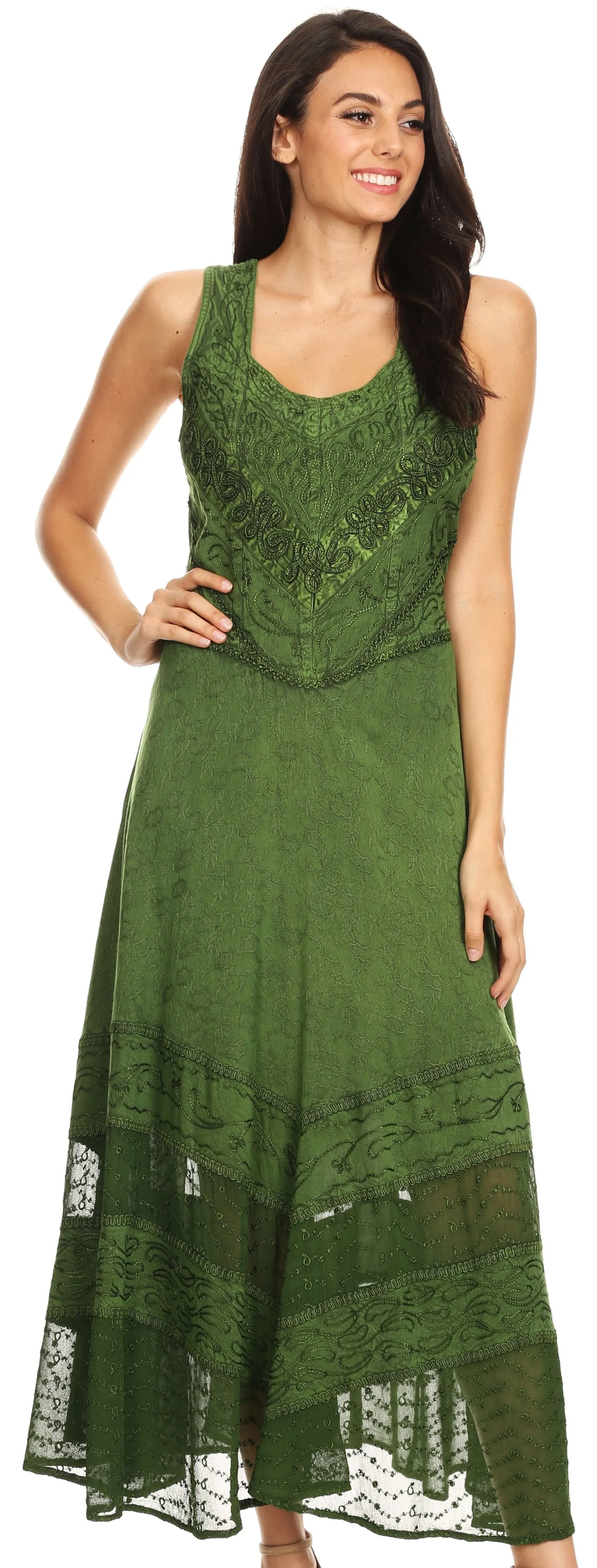 Sakkas Zendaya Stonewashed Rayon Embroidered Floral Vine Sleeveless V-neck Dress