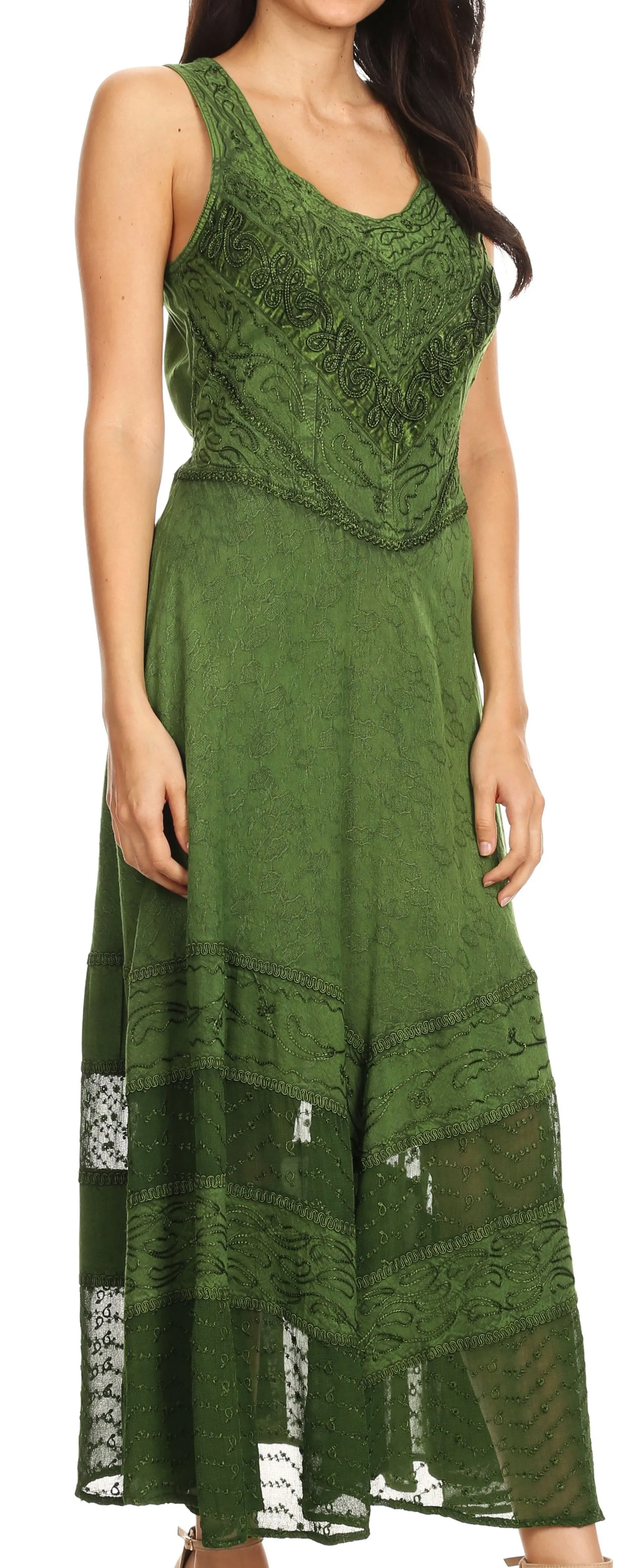 Sakkas Zendaya Stonewashed Rayon Embroidered Floral Vine Sleeveless V-neck Dress