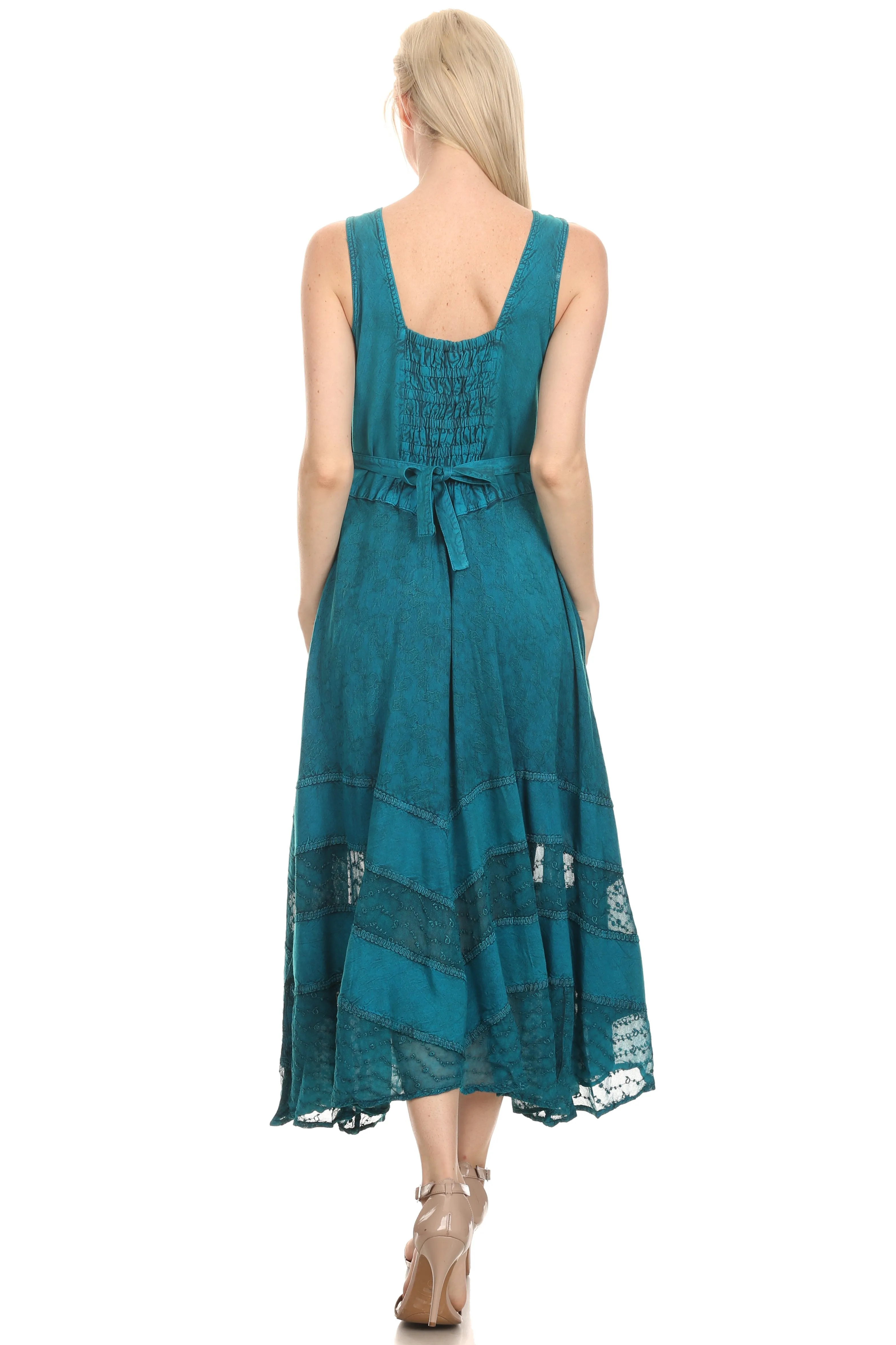 Sakkas Zendaya Stonewashed Rayon Embroidered Floral Vine Sleeveless V-neck Dress