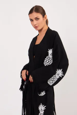 Turkish Towel Kimono Bathrobe Pineapple Design Black