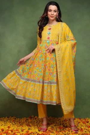 Yellow Pure Cotton Floral Printed Anarkali Suit Set